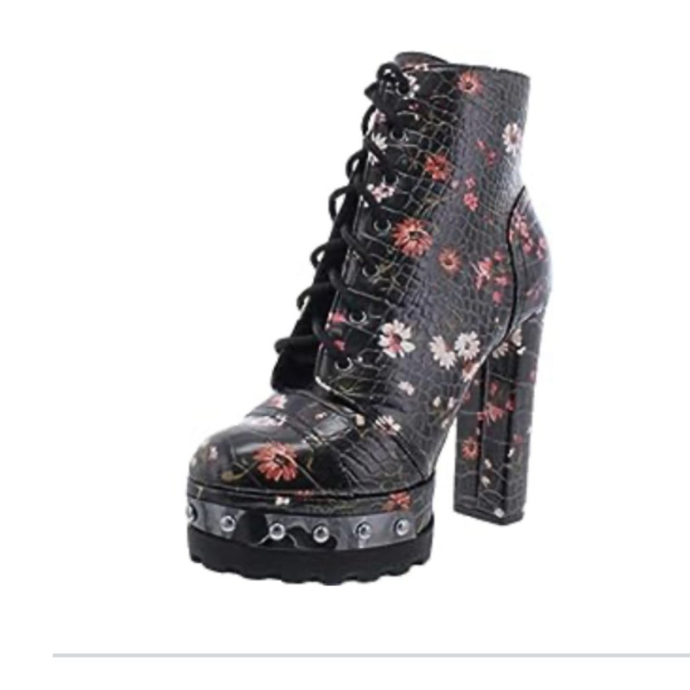 Jessica Simpson Black & Floral Irella Platform Combat Boot - Size 8.5